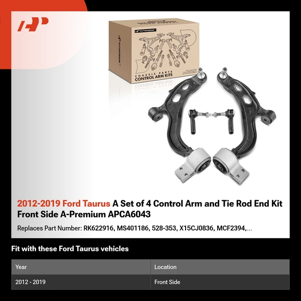 2012-2019 Ford Taurus A Set of 4 Control Arm and Tie Rod End Kit Front Side A-Premium APCA6043