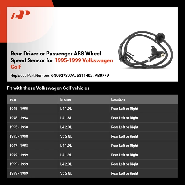 Rear Driver or Passenger ABS Wheel Speed Sensor for 1995-1999 Volkswagen Golf