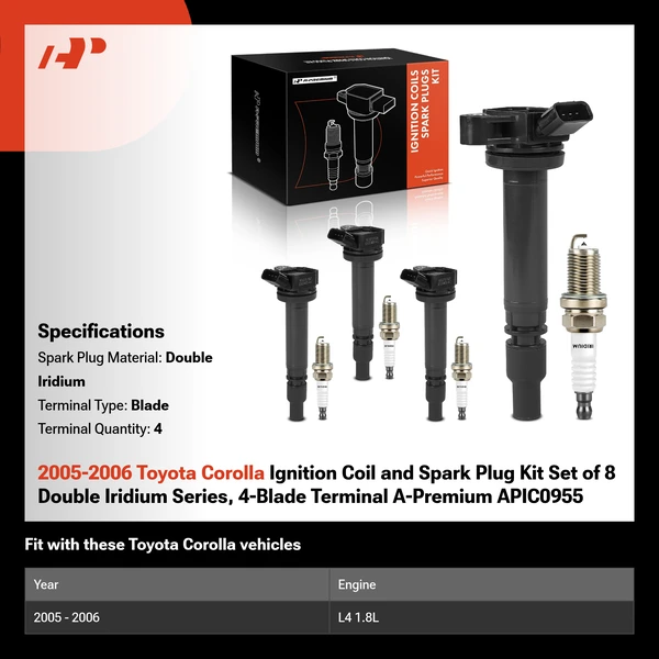 2005-2006 Toyota Corolla Ignition Coil and Spark Plug Kit Set of 8 Double Iridium Series, 4-Blade Terminal A-Premium APIC0955