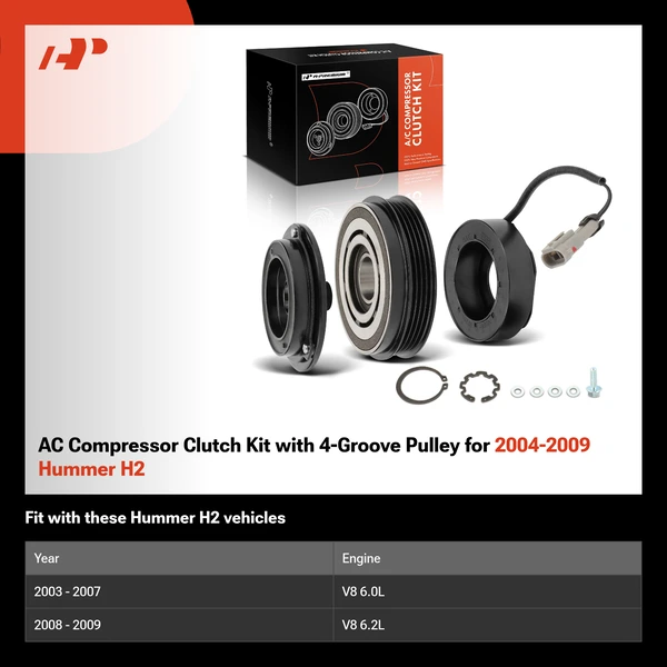 AC Compressor Clutch Kit with 4-Groove Pulley for 2004-2009 Hummer H2