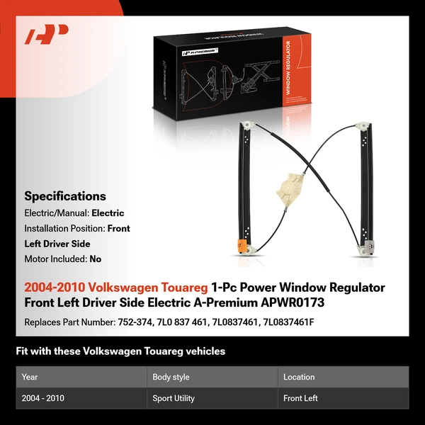2004-2010 Volkswagen Touareg 1-Pc Power Window Regulator Front Left Driver Side Electric A-Premium APWR0173
