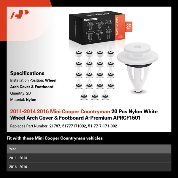 2011-2014 2016 Mini Cooper Countryman 20 Pcs Nylon White Wheel Arch Cover & Footboard A-Premium APRCF1501