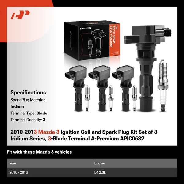 2010-2013 Mazda 3 Ignition Coil and Spark Plug Kit Set of 8 Iridium Series, 3-Blade Terminal A-Premium APIC0682