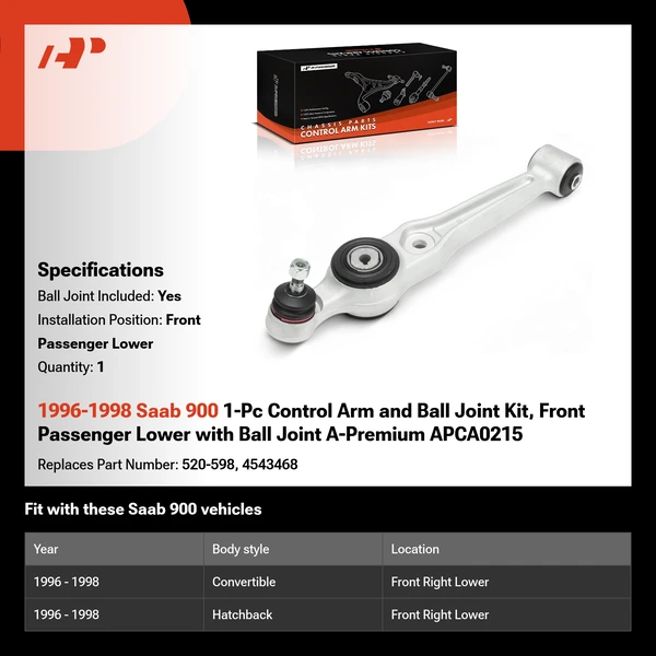 1996-1998 Saab 900 1-Pc Control Arm and Ball Joint Kit, Front Passenger Lower with Ball Joint A-Premium APCA0215