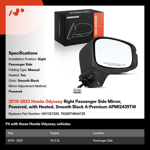 2018-2023 Honda Odyssey Right Passenger Side Mirror, Powered, with Heated, Smooth Black A-Premium APMI2439TW