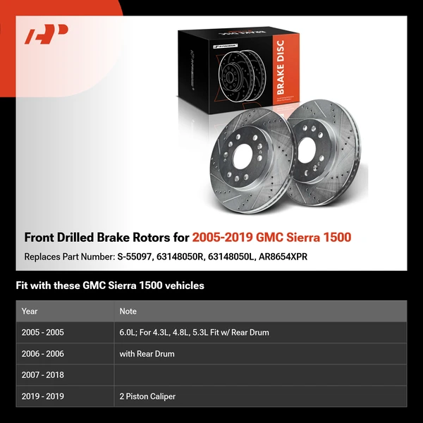 Front Drilled Brake Rotors for 2005-2019 GMC Sierra 1500