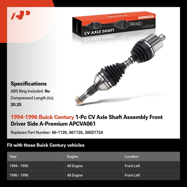 1994-1996 Buick Century 1-Pc CV Axle Shaft Assembly Front Driver Side A-Premium APCVA061