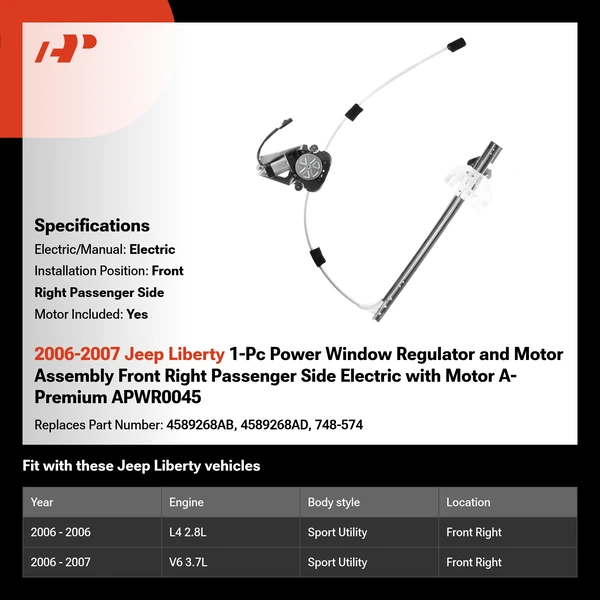 2006-2007 Jeep Liberty 1-Pc Power Window Regulator and Motor Assembly Front Right Passenger Side Electric with Motor A-Premium APWR0045