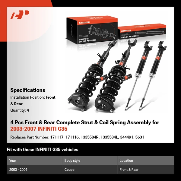 4 Pcs Front & Rear Complete Strut & Coil Spring Assembly for 2003-2007 INFINITI G35