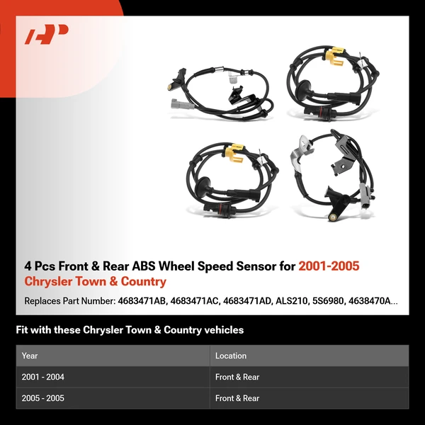4 Pcs Front & Rear ABS Wheel Speed Sensor for 2001-2005 Chrysler Town & Country