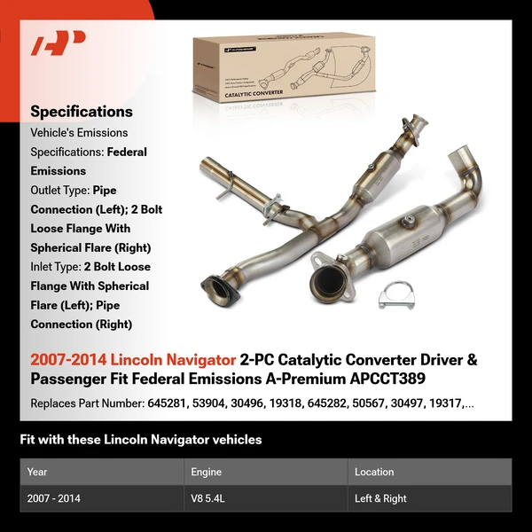 2007-2014 Lincoln Navigator 2-PC Catalytic Converter Driver & Passenger Fit Federal Emissions A-Premium APCCT389