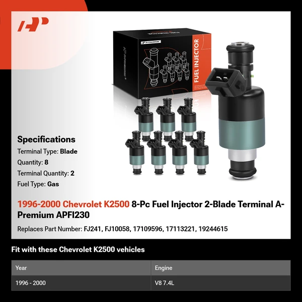 1996-2000 Chevrolet K2500 8-Pc Fuel Injector 2-Blade Terminal A-Premium APFI230
