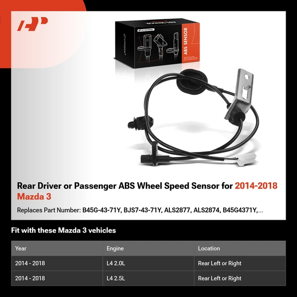 Rear Driver or Passenger ABS Wheel Speed Sensor for 2014-2018 Mazda 3