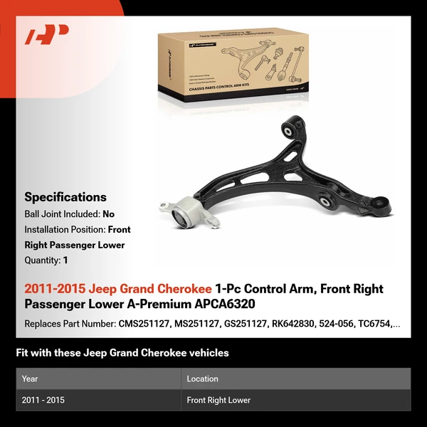 2011-2015 Jeep Grand Cherokee 1-Pc Control Arm, Front Right Passenger Lower A-Premium APCA6320