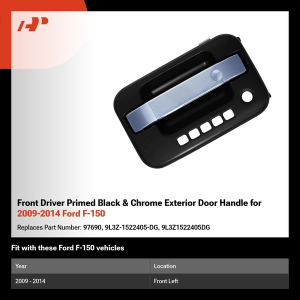Front Driver Primed Black & Chrome Exterior Door Handle for 2009-2014 Ford F-150