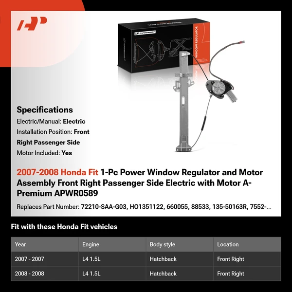 2007-2008 Honda Fit 1-Pc Power Window Regulator and Motor Assembly Front Right Passenger Side Electric with Motor A-Premium APWR0589