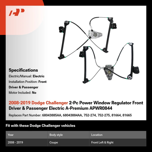 2008-2019 Dodge Challenger 2-Pc Power Window Regulator Front Driver & Passenger Electric A-Premium APWR0844