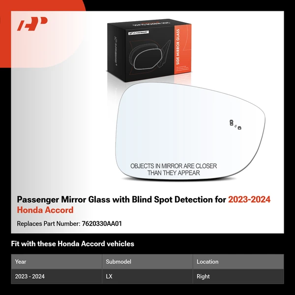 Passenger Mirror Glass with Blind Spot Detection for 2023-2024 Honda Accord