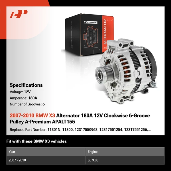 2007-2010 BMW X3 Alternator 180A 12V Clockwise 6-Groove Pulley A-Premium APALT155