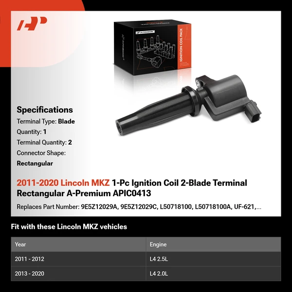 2011-2020 Lincoln MKZ 1-Pc Ignition Coil 2-Blade Terminal Rectangular A-Premium APIC0413