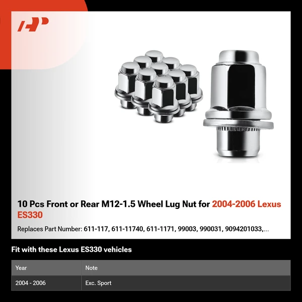 10 Pcs Front or Rear M12-1.5 Wheel Lug Nut for 2004-2006 Lexus ES330