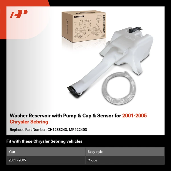 Washer Reservoir with Pump & Cap & Sensor for 2001-2005 Chrysler Sebring
