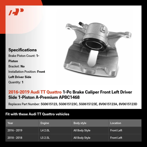 2016-2019 Audi TT Quattro 1-Pc Brake Caliper Front Left Driver Side 1-Piston A-Premium APBC1468