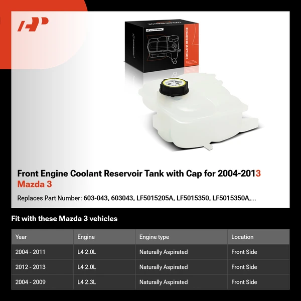 Front Engine Coolant Reservoir Tank with Cap for 2004-2013 Mazda 3