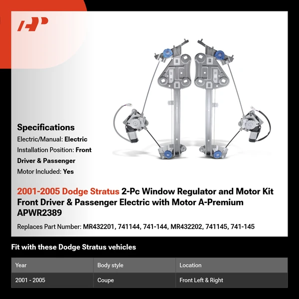 2001-2005 Dodge Stratus 2-Pc Window Regulator and Motor Kit Front Driver & Passenger Electric with Motor A-Premium APWR2389