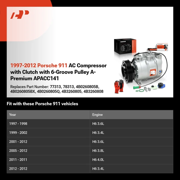 1997-2012 Porsche 911 AC Compressor with Clutch with 6-Groove Pulley A-Premium APACC141