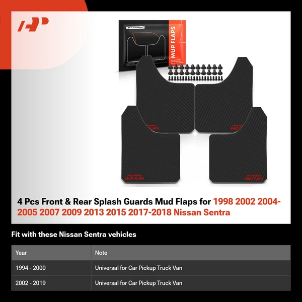 4 Pcs Front & Rear Splash Guards Mud Flaps for 1998 2002 2004-2005 2007 2009 2013 2015 2017-2018 Nissan Sentra