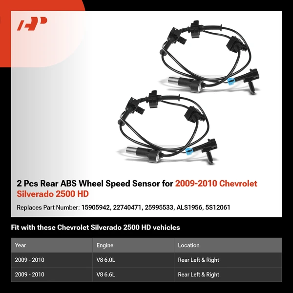 2 Pcs Rear ABS Wheel Speed Sensor for 2009-2010 Chevrolet Silverado 2500 HD