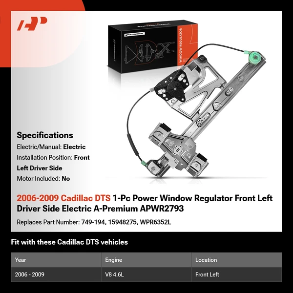 2006-2009 Cadillac DTS 1-Pc Power Window Regulator Front Left Driver Side Electric A-Premium APWR2793
