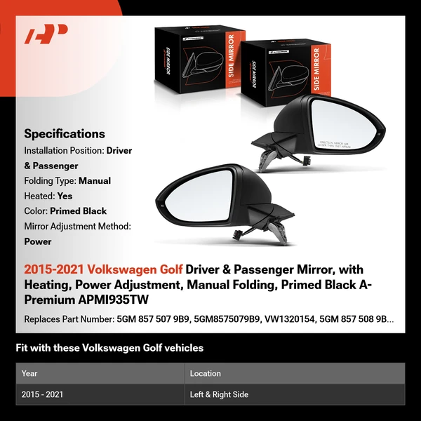 2015-2021 Volkswagen Golf Driver & Passenger Mirror, with Heating, Power Adjustment, Manual Folding, Primed Black A-Premium APMI935TW