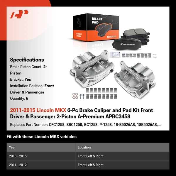 2011-2015 Lincoln MKX 6-Pc Brake Caliper and Pad Kit Front Driver & Passenger 2-Piston A-Premium APBC3458