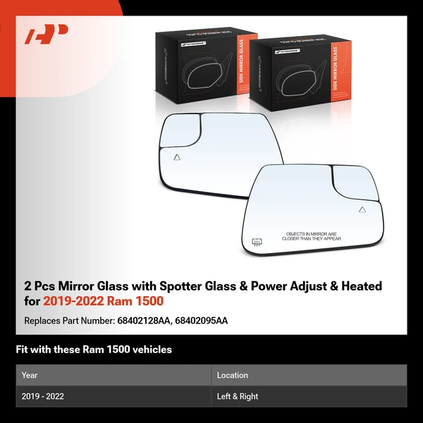 2 Pcs Mirror Glass with Spotter Glass & Power Adjust & Heated for 2019-2022 Ram 1500