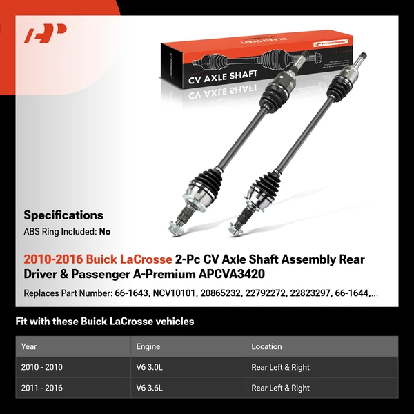 2010-2016 Buick LaCrosse 2-Pc CV Axle Shaft Assembly Rear Driver & Passenger A-Premium APCVA3420