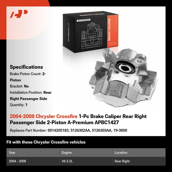 2004-2008 Chrysler Crossfire 1-Pc Brake Caliper Rear Right Passenger Side 2-Piston A-Premium APBC1427