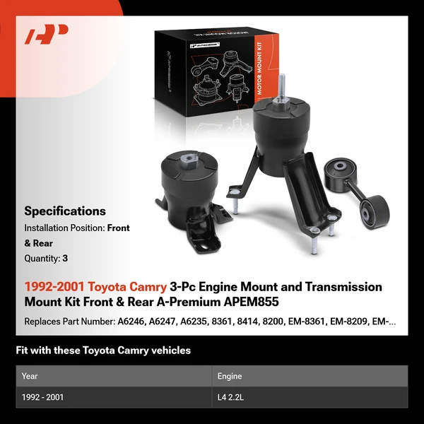 1992-2001 Toyota Camry 3-Pc Engine Mount and Transmission Mount Kit Front & Rear A-Premium APEM855