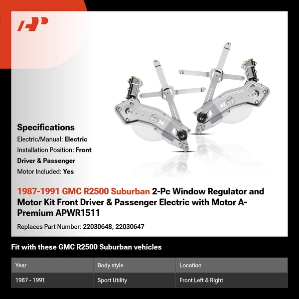 1987-1991 GMC R2500 Suburban 2-Pc Window Regulator and Motor Kit Front Driver & Passenger Electric with Motor A-Premium APWR1511