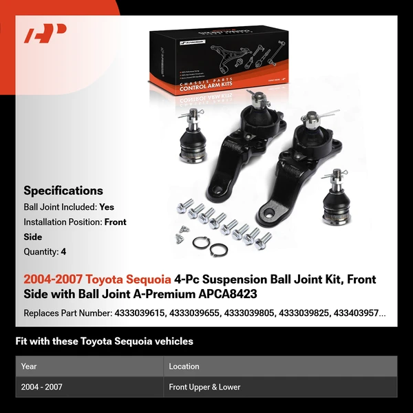 2004-2007 Toyota Sequoia 4-Pc Suspension Ball Joint Kit, Front Side with Ball Joint A-Premium APCA8423