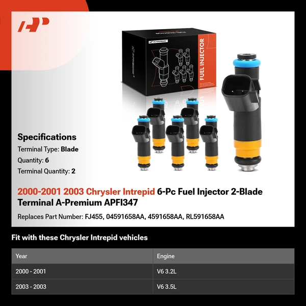 2000-2001 2003 Chrysler Intrepid 6-Pc Fuel Injector 2-Blade Terminal A-Premium APFI347