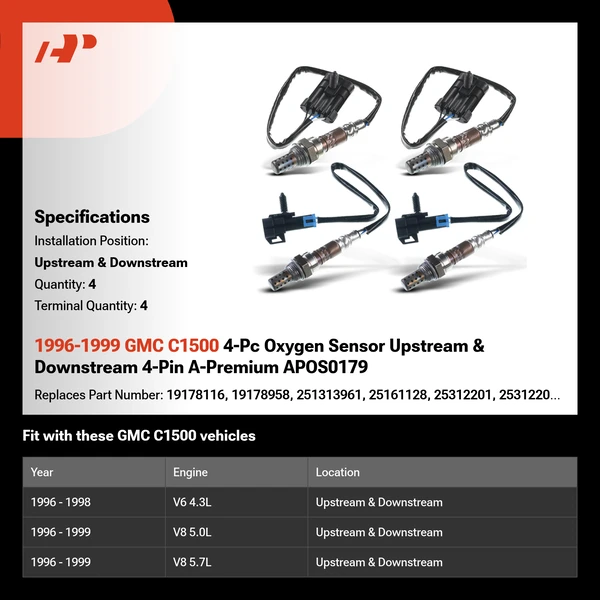 1996-1999 GMC C1500 4-Pc Oxygen Sensor Upstream & Downstream 4-Pin A-Premium APOS0179