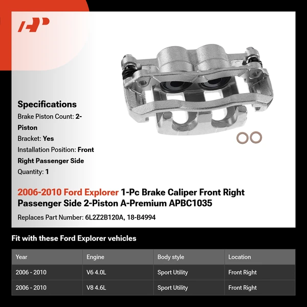 2006-2010 Ford Explorer 1-Pc Brake Caliper Front Right Passenger Side 2-Piston A-Premium APBC1035