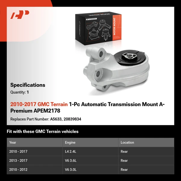 2010-2017 GMC Terrain 1-Pc Automatic Transmission Mount A-Premium APEM2178