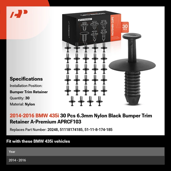 2014-2016 BMW 435i 30 Pcs 6.3mm Nylon Black Bumper Trim Retainer A-Premium APRCF103
