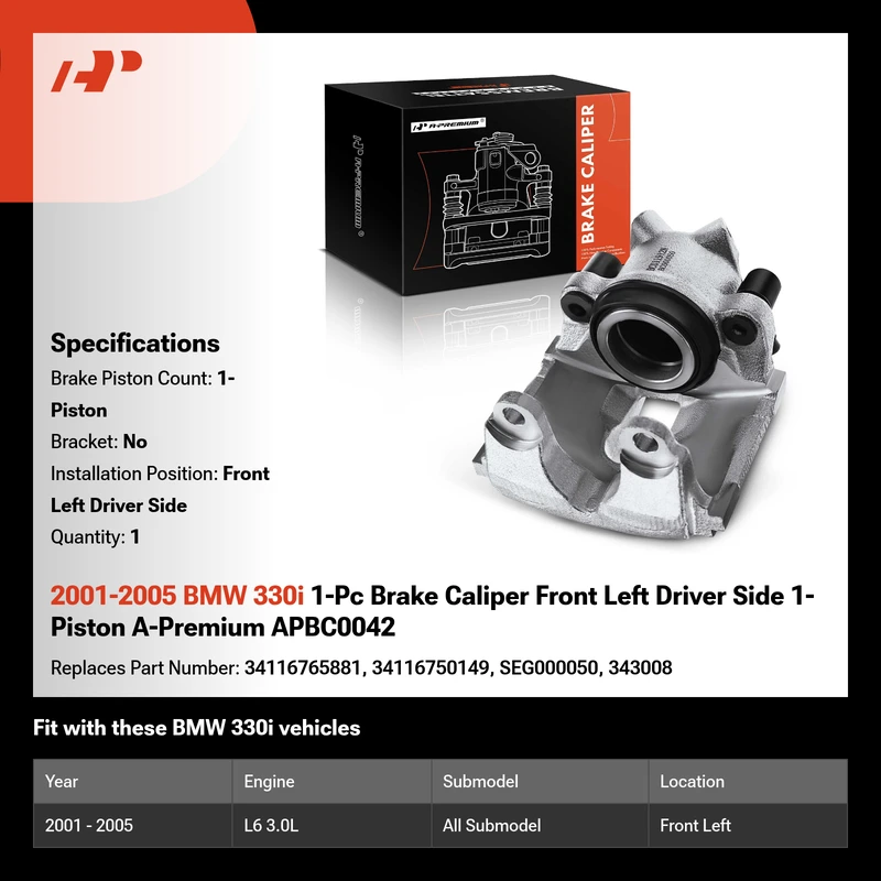 2001-2005 BMW 330i 1-Pc Brake Caliper Front Left Driver Side 1-Piston A-Premium APBC0042