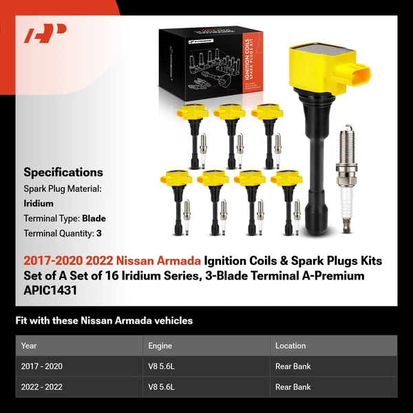 2017-2020 2022 Nissan Armada Ignition Coils & Spark Plugs Kits Set of A Set of 16 Iridium Series, 3-Blade Terminal A-Premium APIC1431