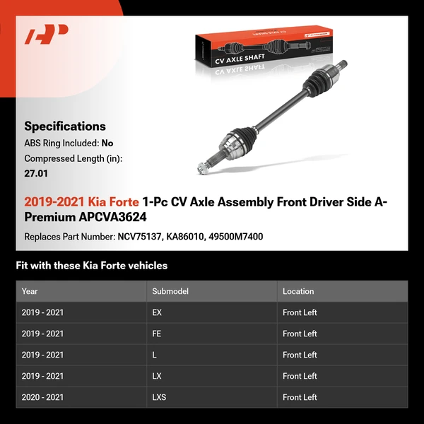 2019-2021 Kia Forte 1-Pc CV Axle Assembly Front Driver Side A-Premium APCVA3624