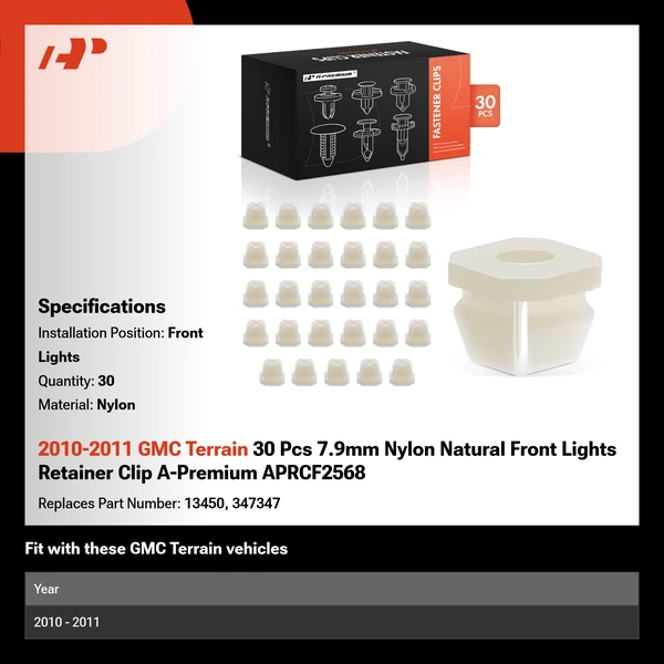 2010-2011 GMC Terrain 30 Pcs 7.9mm Nylon Natural Front Lights Retainer Clip A-Premium APRCF2568